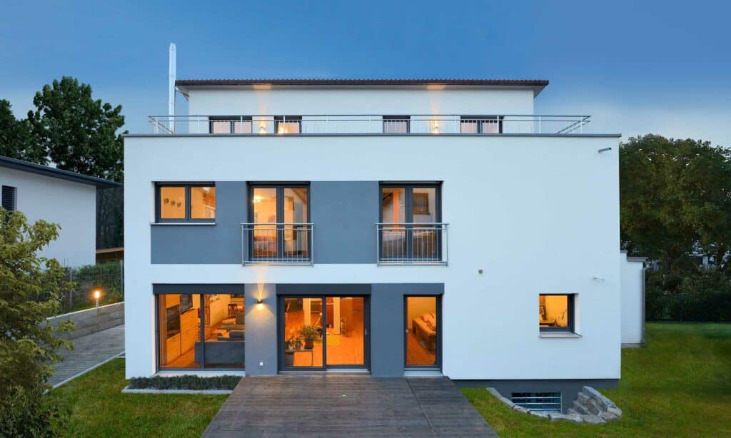 Terrasse Pultdach Haus Molt von Fertighaus WEISS